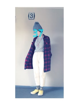 「アイテム（シャツワンピース、レッド系）」を使った、37さん（レディース・154cm）の冬コーディネート