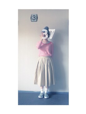 「カモ柄」｜「アイテム（ニットキャップ/ビーニー）」を使った、37さん（レディース・154cm）の春コーディネート