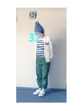 「カモ柄」｜「アイテム（ニットキャップ/ビーニー）」を使った、37さん（レディース・154cm）の春コーディネート