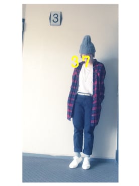 「アイテム（シャツワンピース、レッド系）」を使った、37さん（レディース・154cm）の冬コーディネート