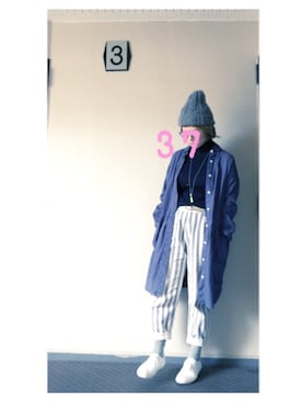 「ストライプパンツ」｜「アイテム（シャツワンピース）」を使った、37さん（レディース・154cm）の冬コーディネート