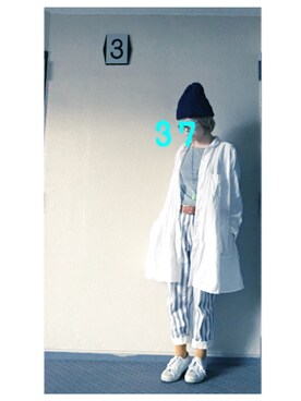 「ストライプパンツ」｜「アイテム（シャツワンピース）」を使った、37さん（レディース・154cm）の冬コーディネート