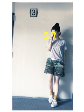 「カモ柄」｜「アイテム（ニットキャップ/ビーニー）」を使った、37さん（レディース・154cm）の夏コーディネート