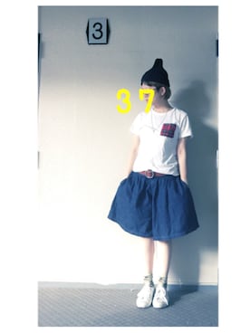 「カモ柄」｜「アイテム（ニットキャップ/ビーニー）」を使った、37さん（レディース・154cm）の夏コーディネート