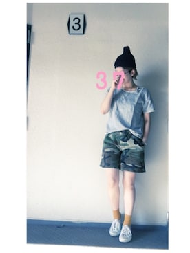 「カモ柄」｜「アイテム（ニットキャップ/ビーニー）」を使った、37さん（レディース・154cm）の夏コーディネート