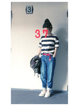 「カモ柄」｜「アイテム（ニットキャップ/ビーニー）」を使った、37さん（レディース・154cm）の秋コーディネート