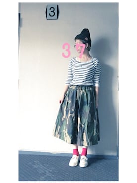 「カモ柄」｜「アイテム（ニットキャップ/ビーニー）」を使った、37さん（レディース・154cm）の秋コーディネート