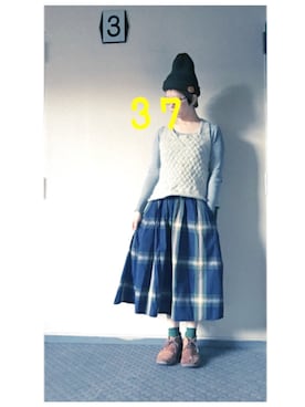 「タータンチェックスカート」｜「アイテム（帽子）」を使った、37さん（レディース・154cm）の秋コーディネート
