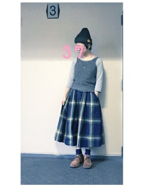 「タータンチェック」｜「アイテム（ニットキャップ/ビーニー）」を使った、37さん（レディース・154cm）の冬コーディネート