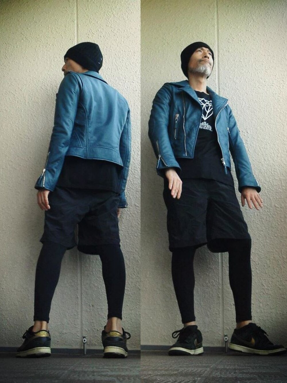 「バレンシアガ、お気に入り、ニット帽、ハーフパンツ、エディスリマン、破格値、過去code、ライダース」｜「BALENCIAGAのアイテム（ライダースジャケット、ブルー系）」を使った、つーるはーさん（メンズ・168cm）の秋コーディネートの1枚目の写真