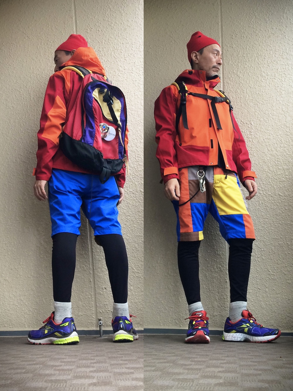「近所、ハーフパンツ、ピーピー、買い出しコーデ、スポーツミックス、赤いニット帽、マウンテンパーカー」｜「JUNYA WATANABE MANのアイテム（Tシャツ/カットソー、ブラック系）」を使った、つーるはーさん（メンズ・168cm）の秋コーディネートの1枚目の写真