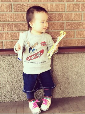 「BEAMS(ビームス)のアイテム(デニムスカート)」を使った、Nichiさん(キッズ・90cm)の春コーディネート