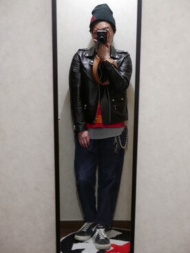 「WHIZLIMITED（ウィズリミテッド）のアイテム（ライダースジャケット）」を使った、Kyohei Shodaさん（メンズ・168cm）の春コーディネート