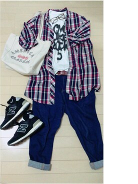 「アイテム（シャツワンピース、レッド系）」を使った、maiko⑅◡̈⑅さん（レディース・153cm）の秋コーディネート