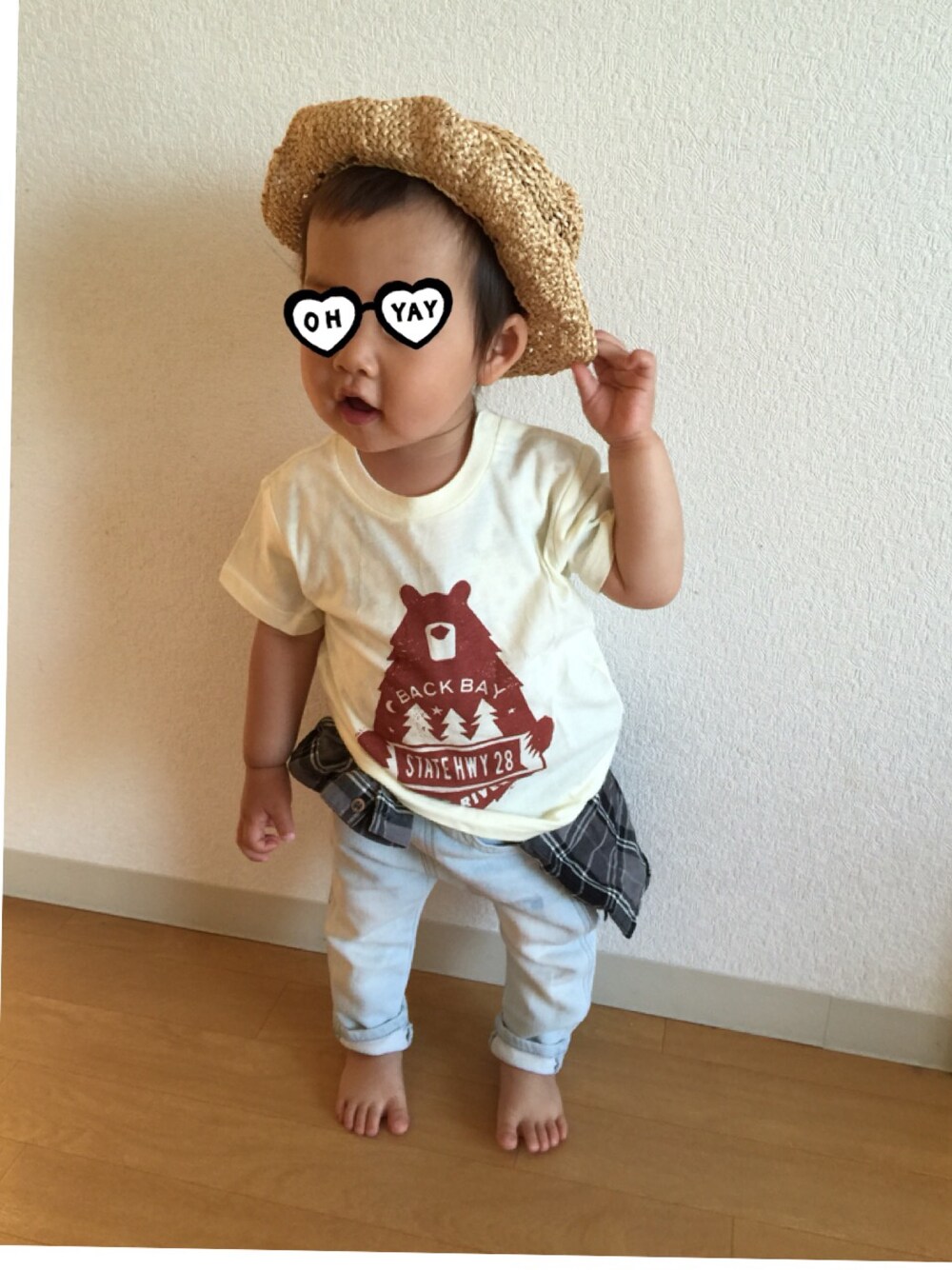 「デザインTシャツ、ハンドメイド」｜「THE SHOP TK のアイテム（Tシャツ/カットソー、イエロー系）」を使った、ちゅんすけさん（キッズ・80cm）の春コーディネートの1枚目の写真