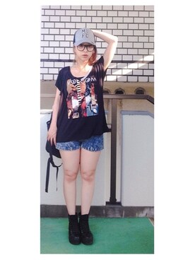 「goocy（グーシー）の切替デニムショートPT（デニムパンツ、ブルー系）」を使った、＊＊kainatsu＊＊さん（レディース・156cm）の春コーディネート