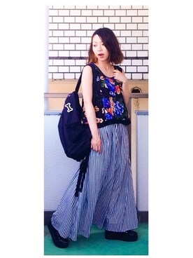 「MIDWEST（ミッドウエスト）のストライプマキシスカート（スカート、ホワイト系）」を使った、＊＊kainatsu＊＊さん（レディース・156cm）の夏コーディネート