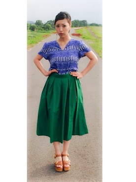 「Dot＆Stripes CHILD WOMAN（ドットアンドストライプス　チャイルドウーマン）のウェザータック　ミディアム丈スカート（スカート、グリーン系）」を使った、＊＊kainatsu＊＊さん（レディース・156cm）の夏コーディネート