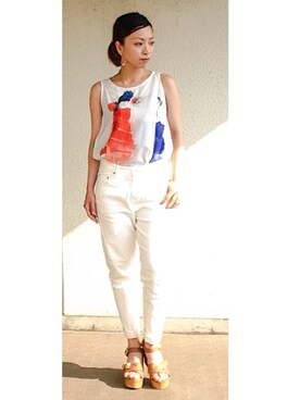「Another Edition（アナザーエディション）のaeﾘｯﾀｲCUTTING DNM 5POC #（デニムパンツ、ホワイト系）」を使った、＊＊kainatsu＊＊さん（レディース・156cm）の夏コーディネート