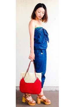 「TSUMORI CHISATO（ツモリチサト）のキャットカゴバッグ（トートバッグ、レッド系）」を使った、＊＊kainatsu＊＊さん（レディース・156cm）の夏コーディネート