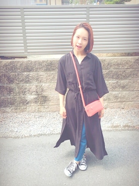 「アイテム（シャツワンピース、ブラック系）」を使った、オガワマイさん（レディース・152cm）の秋コーディネート