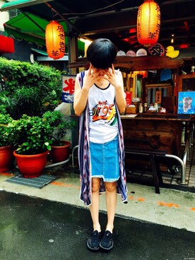 「丹寧」｜「アイテム（デニムスカート）」を使った、PizzaCutFiveさん（レディース・165cm）の夏コーディネート