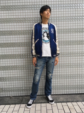 「リメイクデニム」｜「アイテム（ブルゾン）」を使った、メタルジャスティスさん（メンズ・187cm）の秋コーディネート