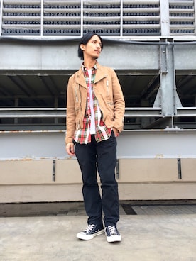 「UNUSED（アンユーズド）のアイテム（ライダースジャケット）」を使った、KENさん（メンズ・170cm）の春コーディネート