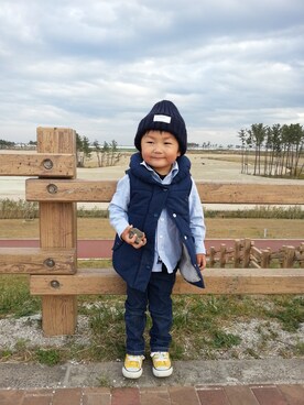「GU（ジーユー）のアイテム（ニットキャップ/ビーニー、ブルー系）」を使った、MISAさん（レディース・163cm）の秋コーディネート