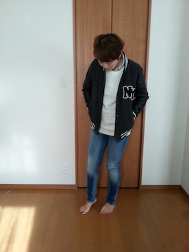 「NICE CLAUP（ナイスクラップ）のアイテム（スタジャン）」を使った、MISAさん（レディース・163cm）の秋コーディネート
