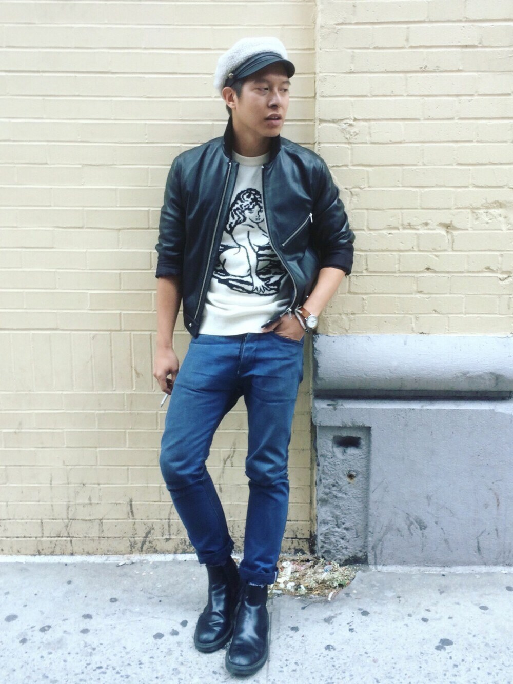 「motojackets_TBrand、ootd、leather jacket、sweater、denim、Chelsea boots、NYC」｜「YOU AS NYCのアイテム（ジャケット/アウター、ブラック系）」を使った、Michael Huangさん（メンズ・175cm）の秋コーディネートの1枚目の写真