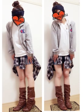 「チャンピオン パーカー」｜「アイテム（雑貨/ホビー）」を使った、あんみつさん（レディース・154cm）の秋コーディネート