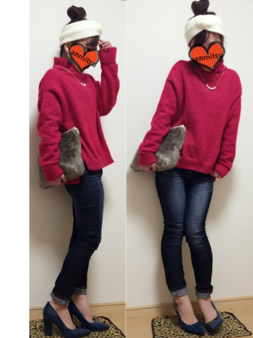 ピンク系のニット/セーター、ベージュ系のクラッチバッグ、ホワイト系のヘアバンドを着用したレディースの冬コーディネートの1枚目の写真