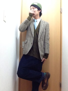 「アイテム（カーディガン/ボレロ、ブラウン系）」を使った、takuさん（メンズ・180cm）の秋コーディネート