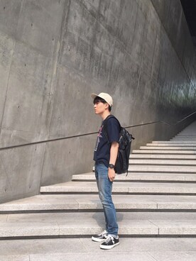 「thisisneverthat（ディスイズネバーザット）のアイテム（キャップ）」を使った、황유성さん（メンズ・170cm）の夏コーディネート