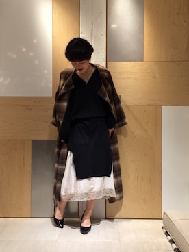 「チェック柄」｜「アイテム（その他アウター）」を使った、USHIODAさん（レディース・154cm）の秋コーディネート
