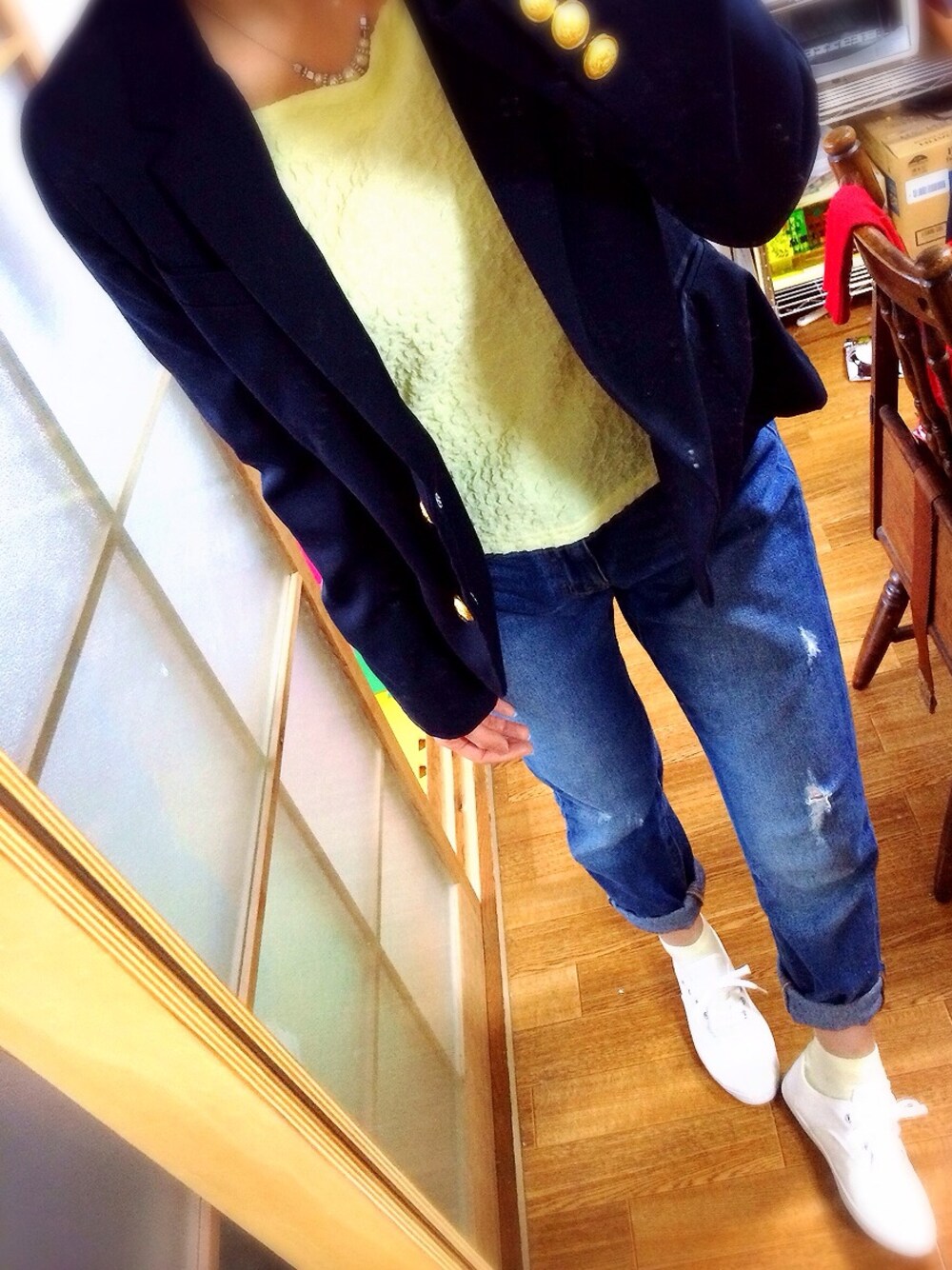 「GU、earth music&ecology、ジャケット、デニム、春、スニーカー」｜「GUのアイテム」を使った、ゆかっぺさん（レディース・155cm）の春コーディネートの1枚目の写真