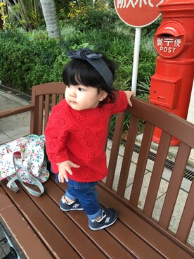 「アイテム（チュニック、レッド系）」を使った、waka☺︎さん（キッズ・70cm）の冬コーディネート