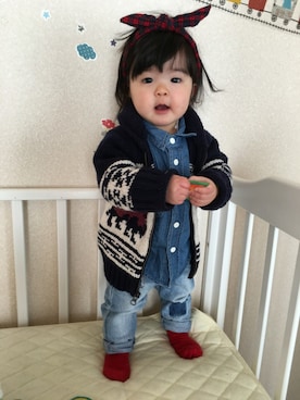 「カウチン」｜waka☺︎さん（キッズ・70cm）の冬コーディネート