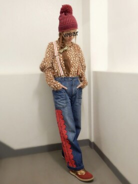 「アイテム（デニムパンツ、レッド系）」を使った、ohanaさん（レディース・161cm）の冬コーディネート