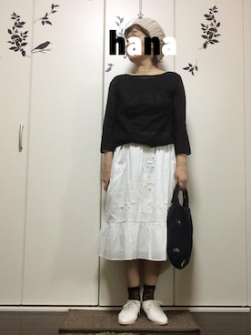 「ブラック×ホワイト」｜「アイテム（その他シューズ）」を使った、hanaさん（レディース・154cm）の春コーディネート