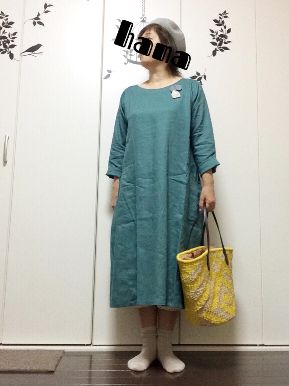 「ワンピース、ペチパンツ、リネン、ベレー帽、かごバッグ、studio clip、Another Edition、united arrows」｜「studio CLIPの【studio CLIP】 ポケットタックワンピース（ワンピース、グリーン系）」を使った、hanaさん（レディース・154cm）の夏コーディネートの1枚目の写真