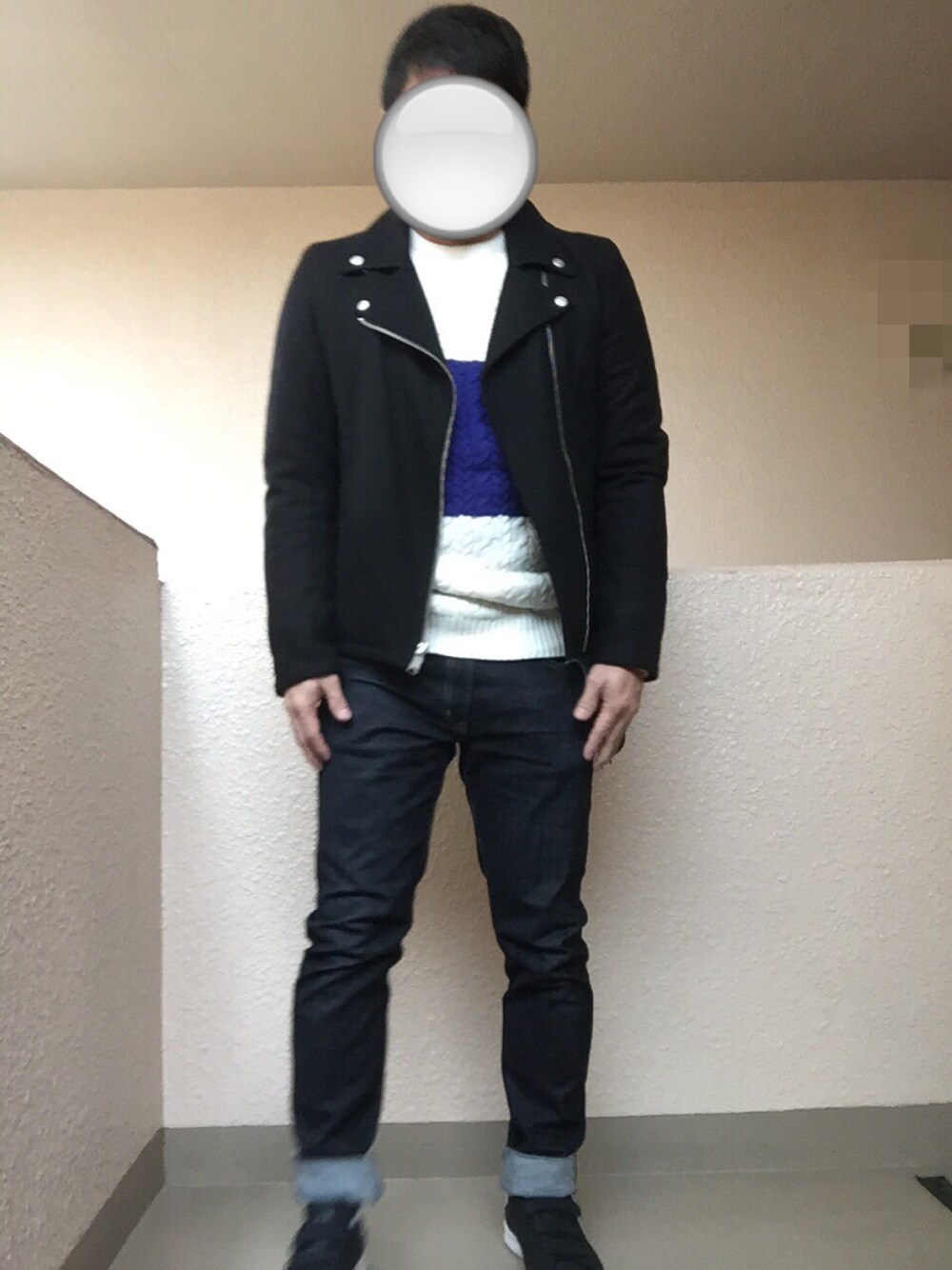 「アダルトおカワたん部、ネイビー身につけ隊、しましまんず萌え隊、ライダース、ケーブルニット、無印良品、スタンスミスコンフォート、スタンスミス」｜「RAGEBLUEのアイテム（ピーコート、ブラック系）」を使った、Ren Saitoさん（メンズ・168cm）の冬コーディネートの1枚目の写真