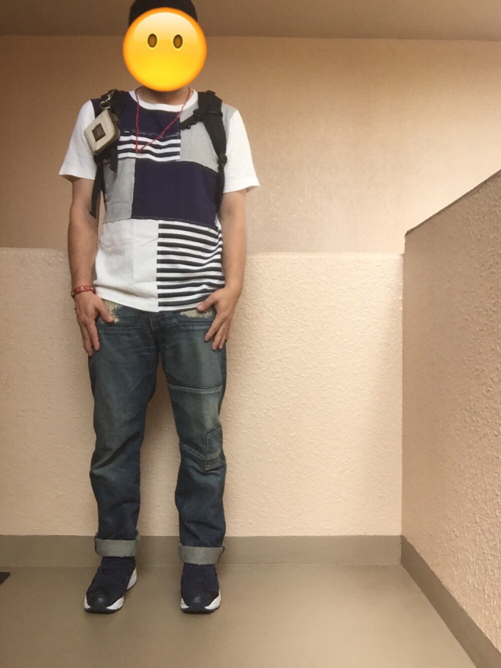 「アダルトおカワたん部、ネイビー身につけ隊、パッチワーク、クレイジーパターン、サイドジップ、ポンプフューリー」｜「NANO universeのパッチワークTee S/S（Tシャツ/カットソー、ホワイト系）」を使った、Ren Saitoさん（メンズ・168cm）の夏コーディネートの1枚目の写真