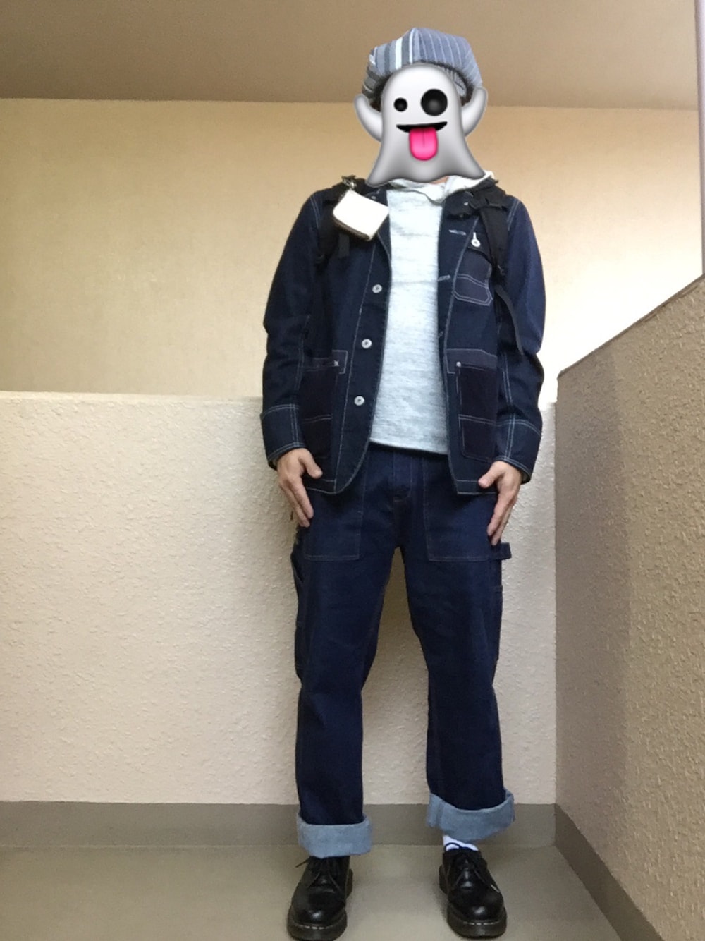 「アダルトおカワたん部、デニデニ、キャスケット、カバーオール、ペインターパンツ、ポストマン、カモフラ、polcadot、Dr.Martens、愛はWEARを救うキャンペーン」｜「Dickiesのデニムコンビワークコート（カバーオール、ブルー系）」を使った、Ren Saitoさん（メンズ・168cm）の秋コーディネートの1枚目の写真
