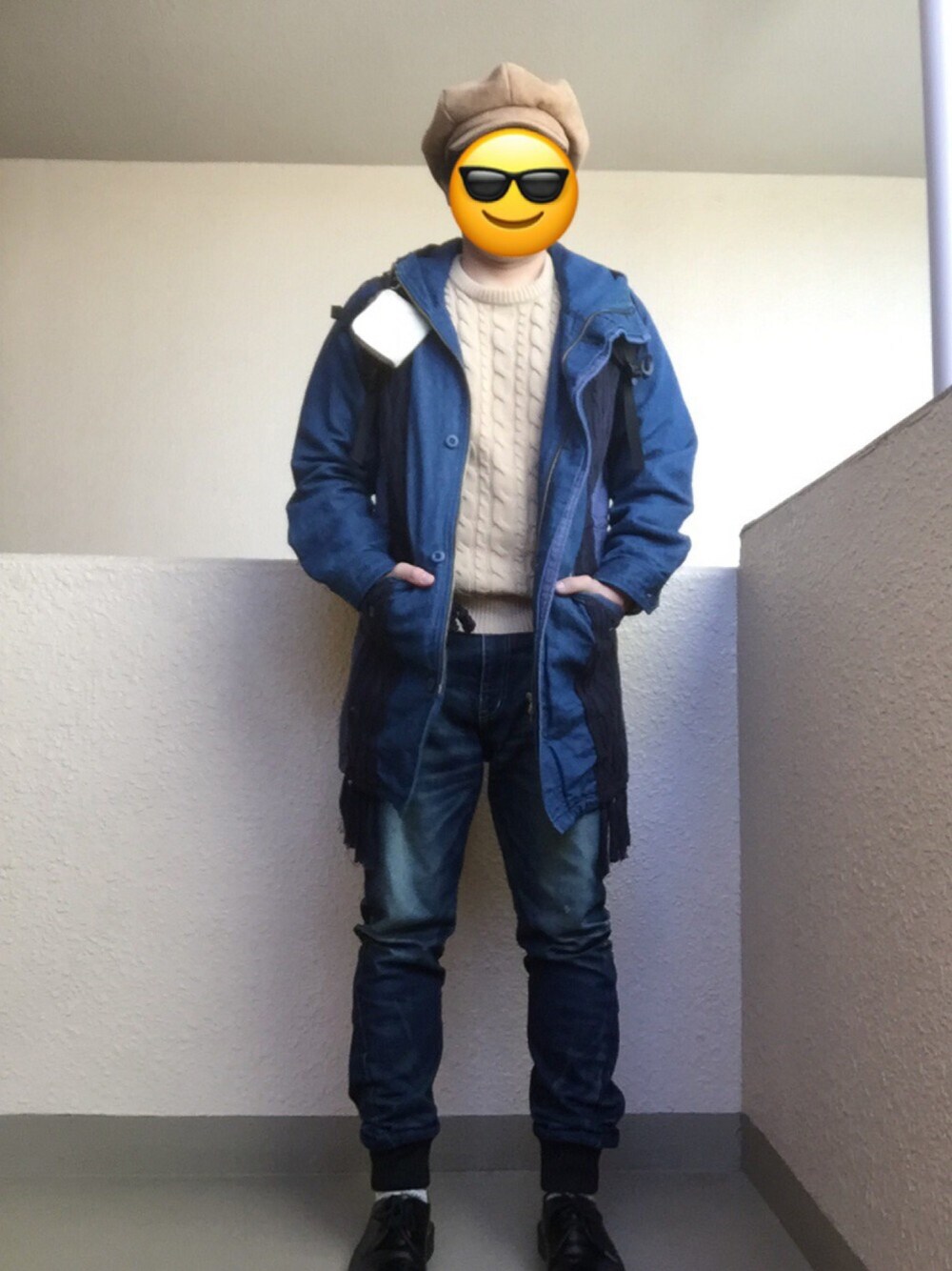 「アダルトおカワたん部、デニデニ、モッズコート、リブパンツ、キャスケット、ポストマン、polcadot、Dr.Martens、愛はWEARを救うキャンペーン」｜「ｱﾚｸｻﾝﾀﾞｰﾘｰﾁｬﾝのアイテム（モッズコート、ブルー系）」を使った、Ren Saitoさん（メンズ・168cm）の秋コーディネートの1枚目の写真