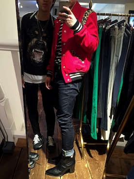 「SAINT LAURENT PARIS（サンローランパリ）のアイテム（スタジャン）」を使った、KENTO.さん（メンズ・170cm）の冬コーディネート