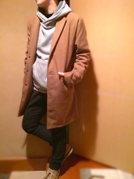「アイテム（チェスターコート）」を使った、笑さん（メンズ・159cm・20代）の春コーディネート