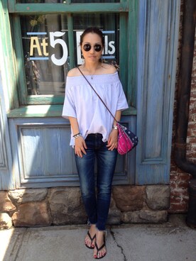 「Ungrid（アングリッド）のインディゴフレイドヘムストスリ（デニムパンツ）」を使った、hanaさん（レディース・156cm）の夏コーディネート