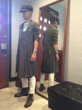 「カーキ×ホワイト」｜「アイテム（その他アウター）」を使った、tonko330さん（メンズ・170cm）の夏コーディネート